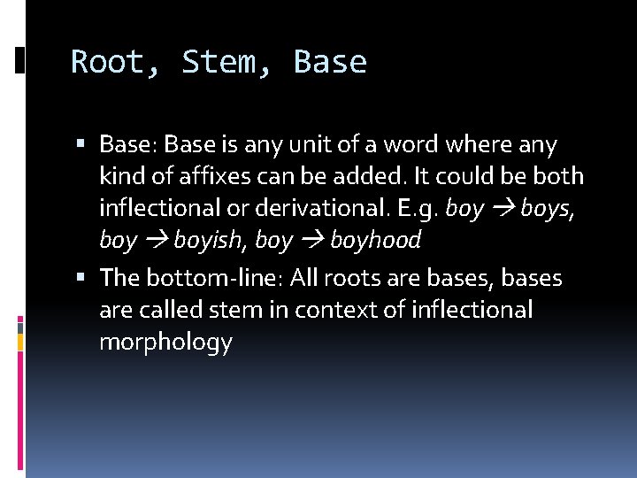 Root, Stem, Base: Base is any unit of a word where any kind of