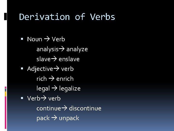 Derivation of Verbs Noun Verb analysis analyze slave enslave Adjective verb rich enrich legalize