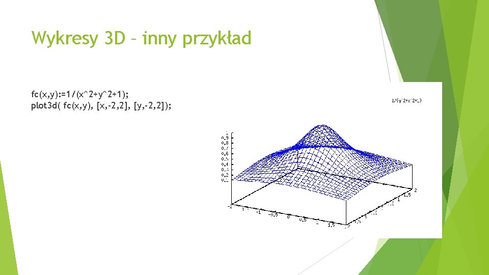 Wykresy 3 D – inny przykład fc(x, y): =1/(x^2+y^2+1); plot 3 d( fc(x, y),