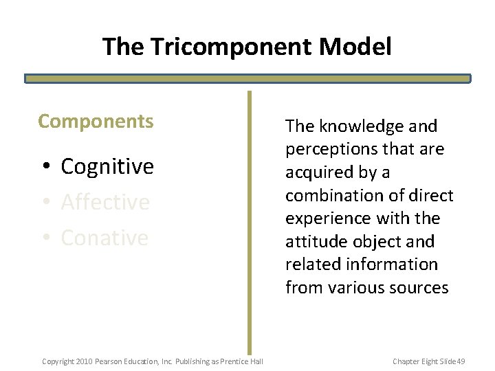 The Tricomponent Model Components • Cognitive • Affective • Conative Copyright 2010 Pearson Education, The Tricomponent Model Components • Cognitive • Affective • Conative Copyright 2010 Pearson Education,