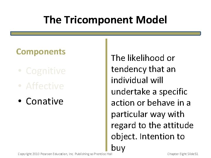 The Tricomponent Model Components • Cognitive • Affective • Conative The likelihood or tendency The Tricomponent Model Components • Cognitive • Affective • Conative The likelihood or tendency