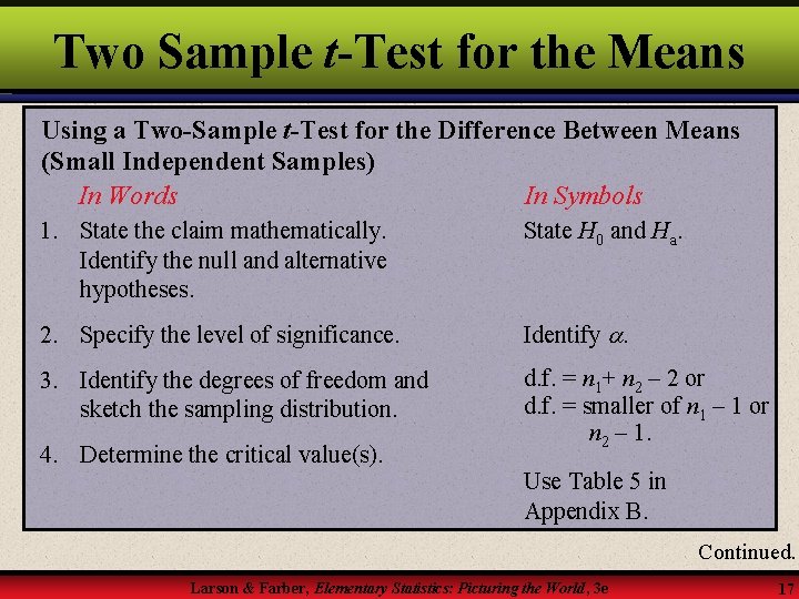 Two Sample t-Test for the Means Using a Two-Sample t-Test for the Difference Between