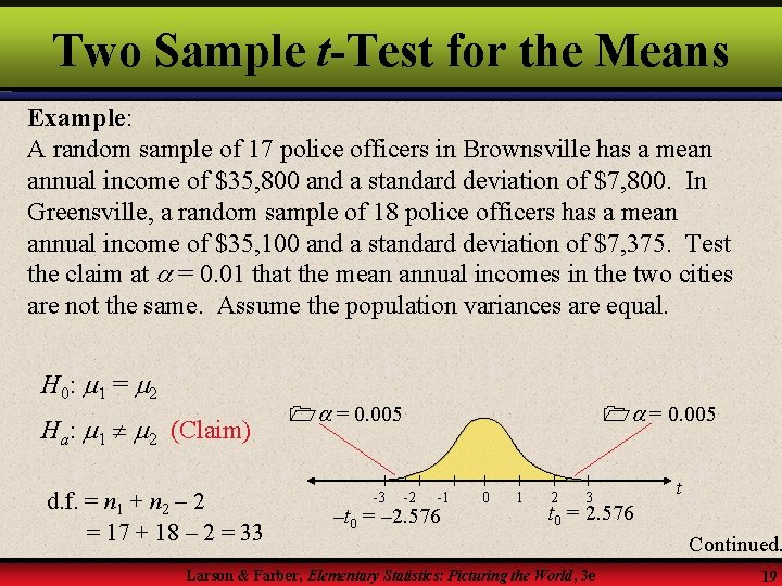 Two Sample t-Test for the Means Example: A random sample of 17 police officers