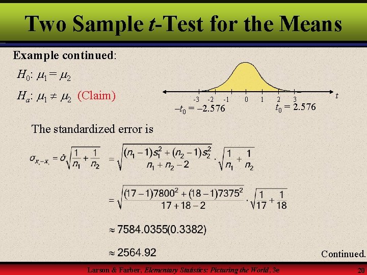 Two Sample t-Test for the Means Example continued: H 0: 1 = 2 Ha: