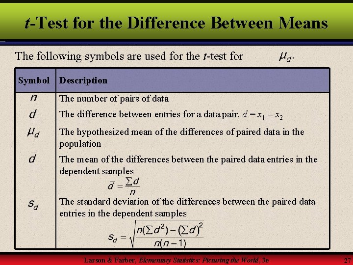 t-Test for the Difference Between Means The following symbols are used for the t-test