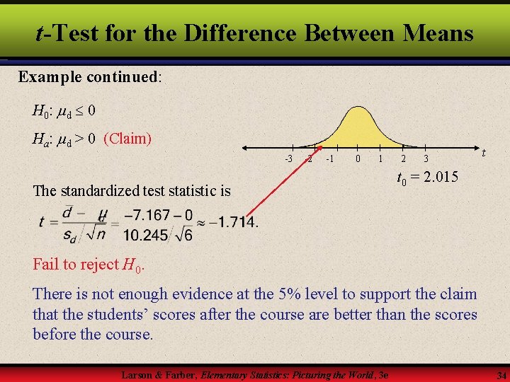 t-Test for the Difference Between Means Example continued: H 0: d 0 Ha: d