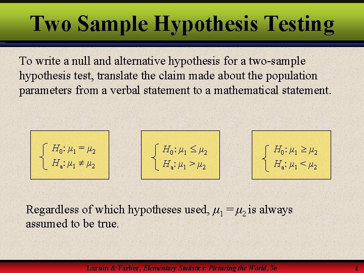 Two Sample Hypothesis Testing To write a null and alternative hypothesis for a two-sample