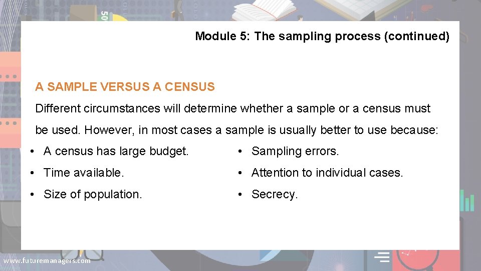 Module 5: The sampling process (continued) A SAMPLE VERSUS A CENSUS Different circumstances will