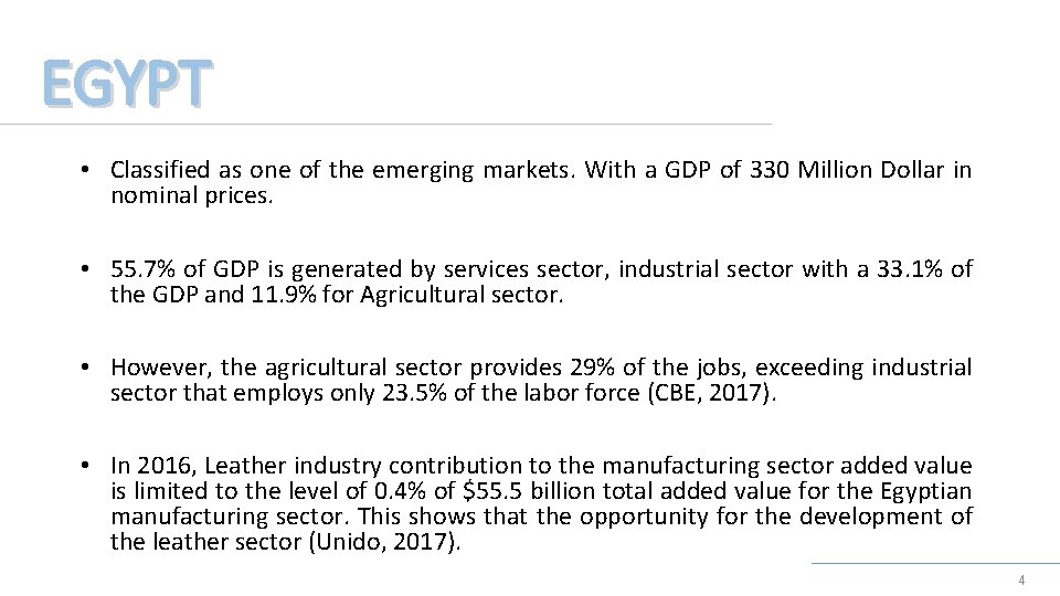 EGYPT • Classified as one of the emerging markets. With a GDP of 330