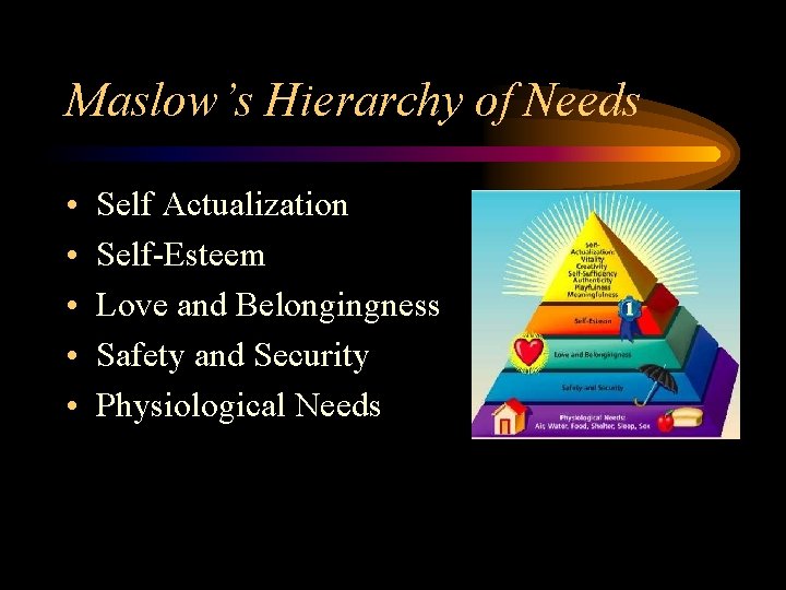 Maslow’s Hierarchy of Needs • • • Self Actualization Self-Esteem Love and Belongingness Safety