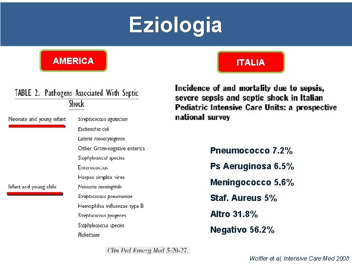Eziologia AMERICA ITALIA Pneumococco 7. 2% Ps Aeruginosa 6. 5% Meningococco 5. 6% Staf.