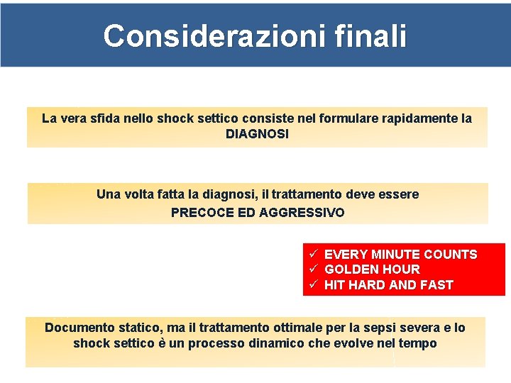 Considerazioni finali La vera sfida nello shock settico consiste nel formulare rapidamente la DIAGNOSI