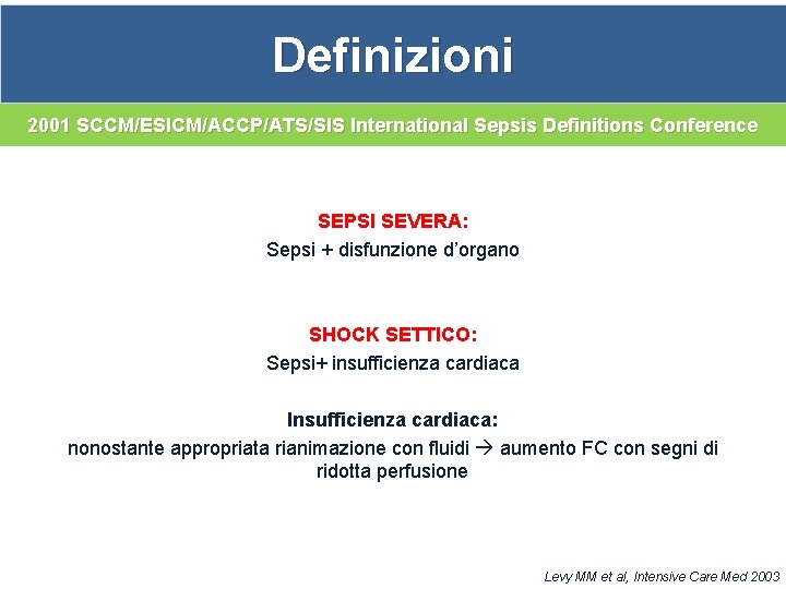 Definizioni 2001 SCCM/ESICM/ACCP/ATS/SIS International Sepsis Definitions Conference SEPSI SEVERA: Sepsi + disfunzione d’organo SHOCK