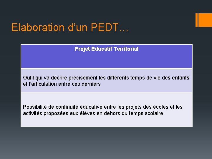 Elaboration d’un PEDT… Projet Educatif Territorial Outil qui va décrire précisément les différents temps