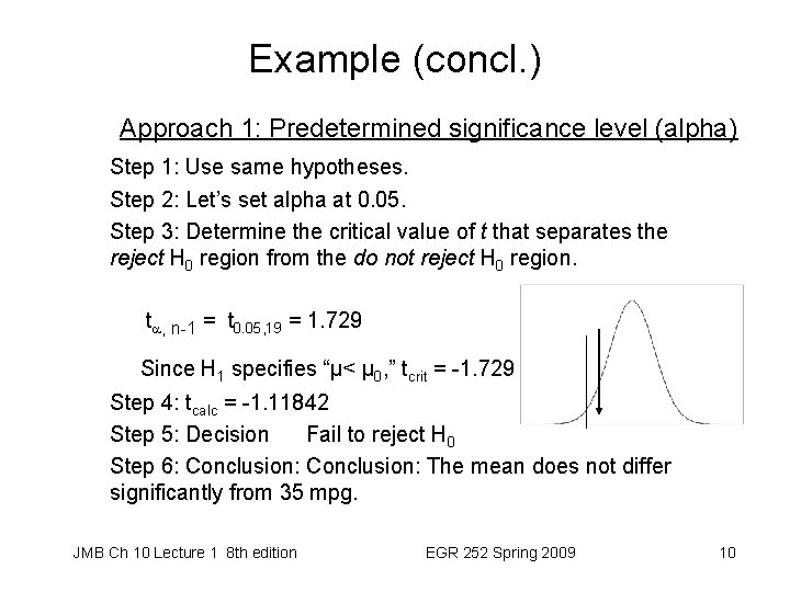 Example (concl. ) Approach 1: Predetermined significance level (alpha) Step 1: Use same hypotheses.