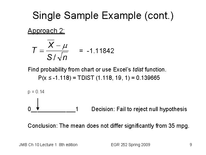 Single Sample Example (cont. ) Approach 2: = -1. 11842 Find probability from chart