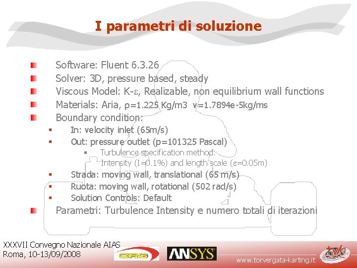 I parametri di soluzione Software: Fluent 6. 3. 26 Solver: 3 D, pressure based,
