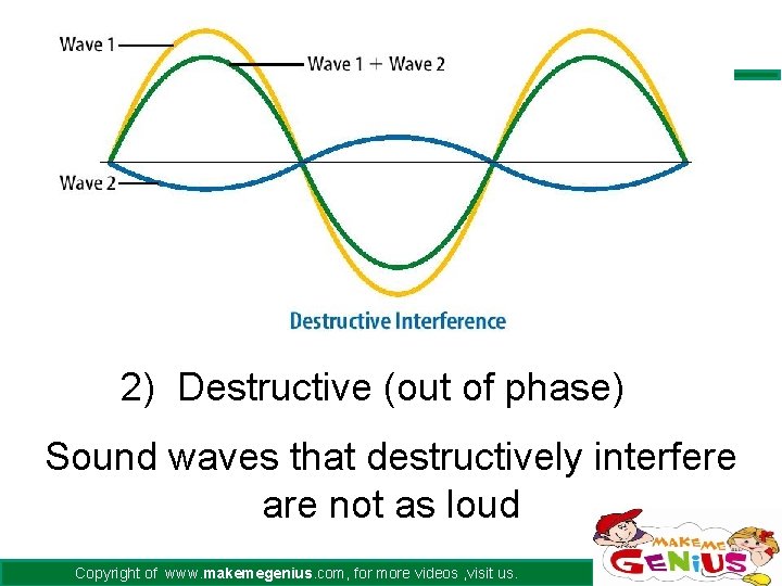 2) Destructive (out of phase) Sound waves that destructively interfere are not as loud