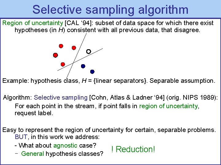 Selective sampling algorithm Region of uncertainty [CAL ‘ 94]: subset of data space for