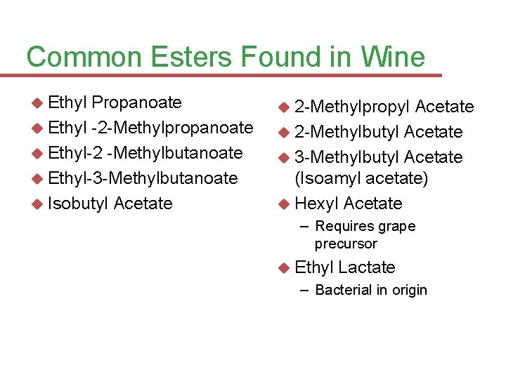 Common Esters Found in Wine Ethyl Propanoate Ethyl -2 -Methylpropanoate Ethyl-2 -Methylbutanoate Ethyl-3 -Methylbutanoate