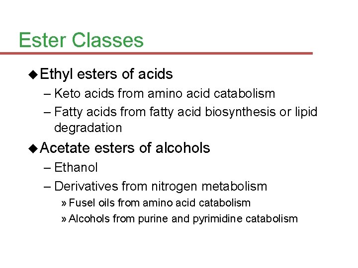 Ester Classes Ethyl esters of acids – Keto acids from amino acid catabolism –