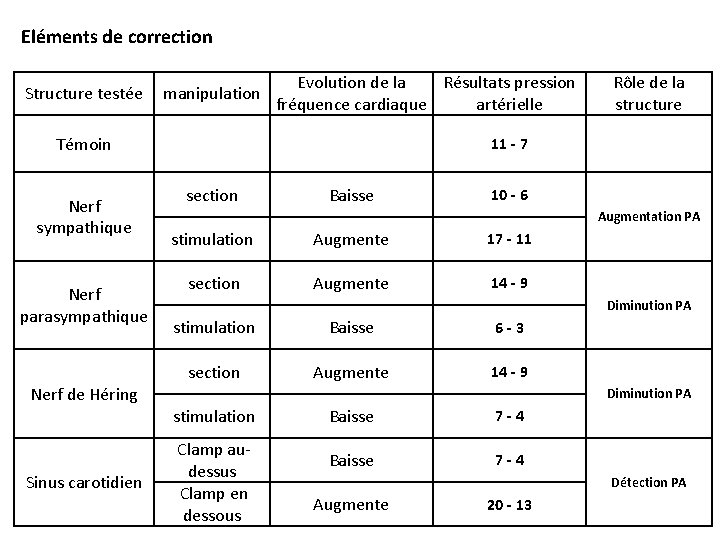 Eléments de correction Structure testée Témoin Nerf sympathique Nerf parasympathique manipulation Evolution de la