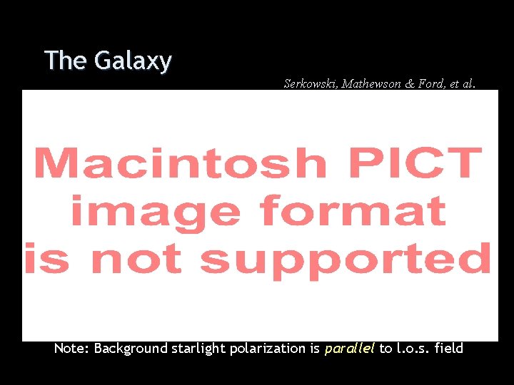 The Galaxy Serkowski, Mathewson & Ford, et al. Note: Background starlight polarization is parallel