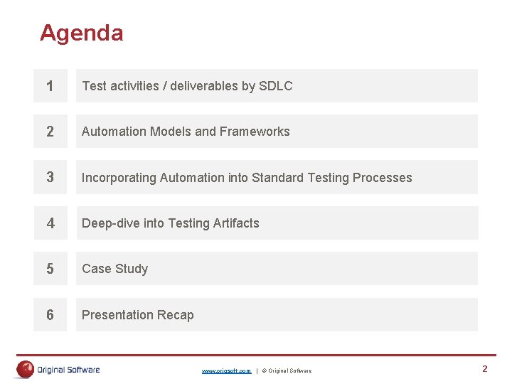 Agenda 1 Test activities / deliverables by SDLC 2 Automation Models and Frameworks 3 Agenda 1 Test activities / deliverables by SDLC 2 Automation Models and Frameworks 3