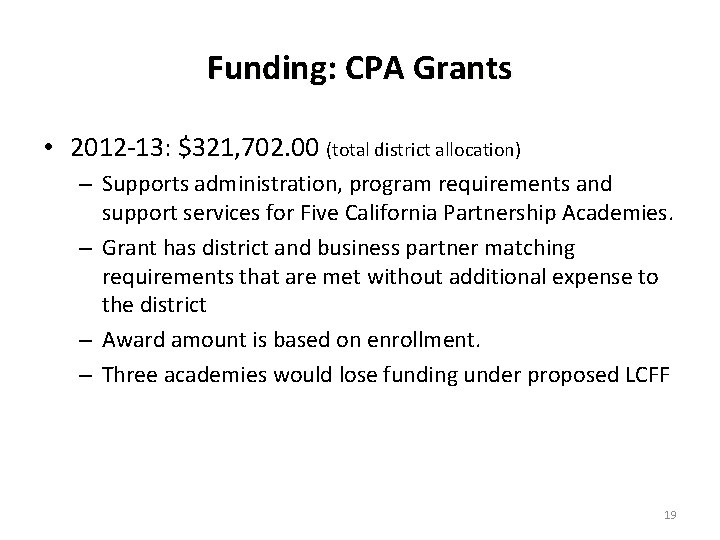 Funding: CPA Grants • 2012 -13: $321, 702. 00 (total district allocation) – Supports