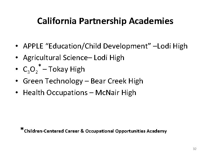 California Partnership Academies • • • APPLE “Education/Child Development” –Lodi High Agricultural Science– Lodi