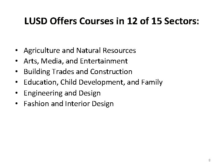 LUSD Offers Courses in 12 of 15 Sectors: • • • Agriculture and Natural