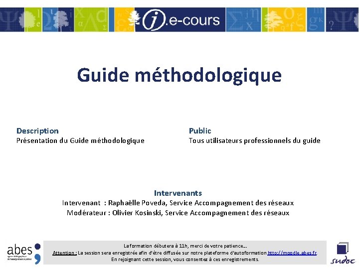 Guide méthodologique Description Présentation du Guide méthodologique Public Tous utilisateurs professionnels du guide Intervenants