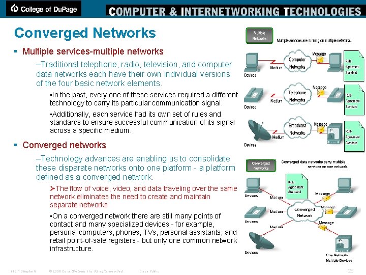 Converged Networks § Multiple services-multiple networks –Traditional telephone, radio, television, and computer data networks