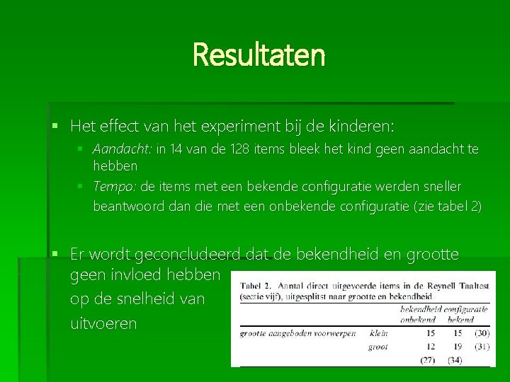 Resultaten § Het effect van het experiment bij de kinderen: § Aandacht: in 14