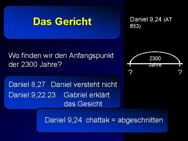 Das Gericht Daniel 9, 24 (AT 853) Wo finden wir den Anfangspunkt der 2300