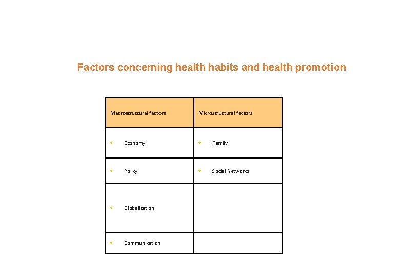 Factors concerning health habits and health promotion Macrostructural factors Microstructural factors Economy Family Policy