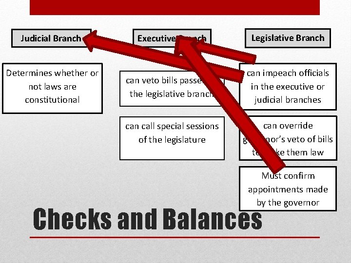 Judicial Branch Determines whether or not laws are constitutional Executive Branch Legislative Branch can
