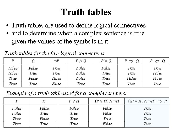 Truth tables • Truth tables are used to define logical connectives • and to