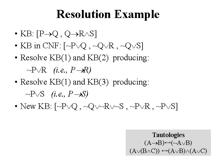 Resolution Example • KB: [P Q , Q R S] • KB in CNF:
