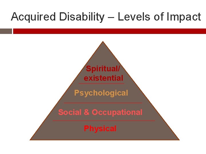 Acquired Disability – Levels of Impact Spiritual/ existential Psychological Social & Occupational Physical 