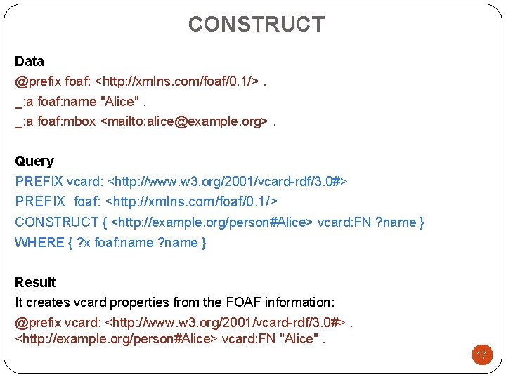 CONSTRUCT Data @prefix foaf: <http: //xmlns. com/foaf/0. 1/>. _: a foaf: name "Alice". _: