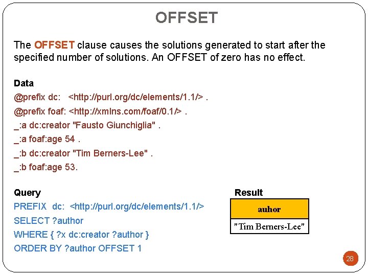 OFFSET The OFFSET clause causes the solutions generated to start after the specified number