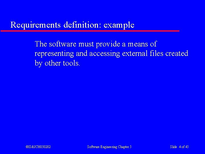 Requirements definition: example The software must provide a means of representing and accessing external