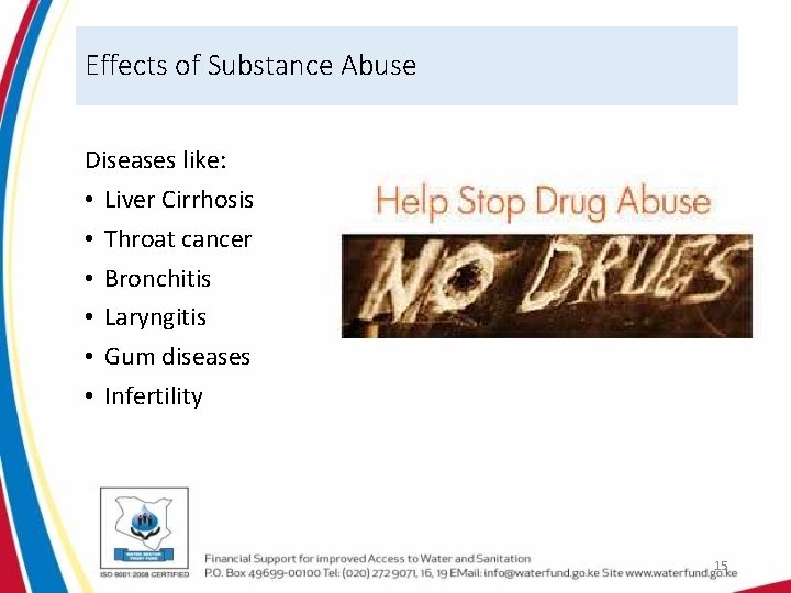 Effects of Substance Abuse Diseases like: • Liver Cirrhosis • Throat cancer • Bronchitis