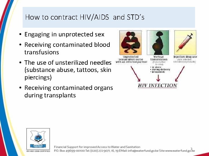 How to contract HIV/AIDS and STD’s • Engaging in unprotected sex • Receiving contaminated