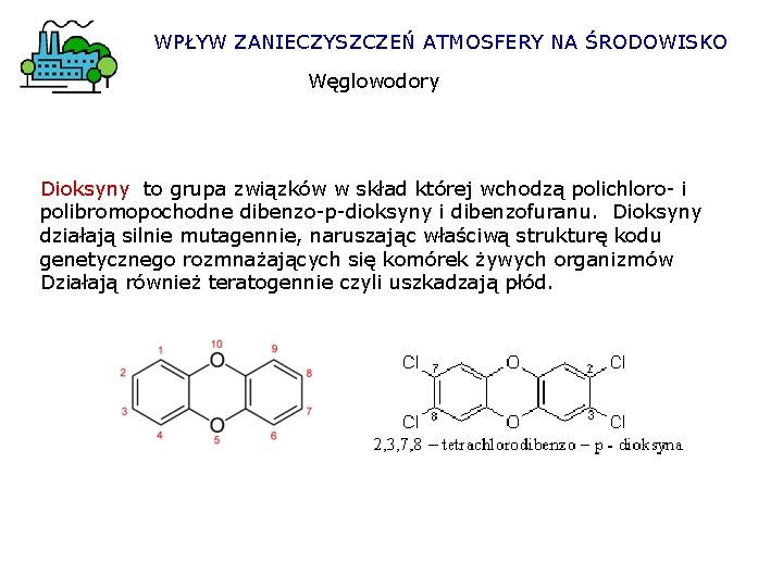 WPŁYW ZANIECZYSZCZEŃ ATMOSFERY NA ŚRODOWISKO Węglowodory Dioksyny to grupa związków w skład której wchodzą