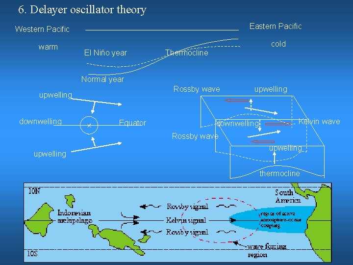 6. Delayer oscillator theory Eastern Pacific Western Pacific warm cold El Niño year Thermocline