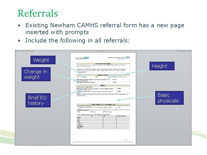 Referrals • Existing Newham CAMHS referral form has a new page inserted with prompts