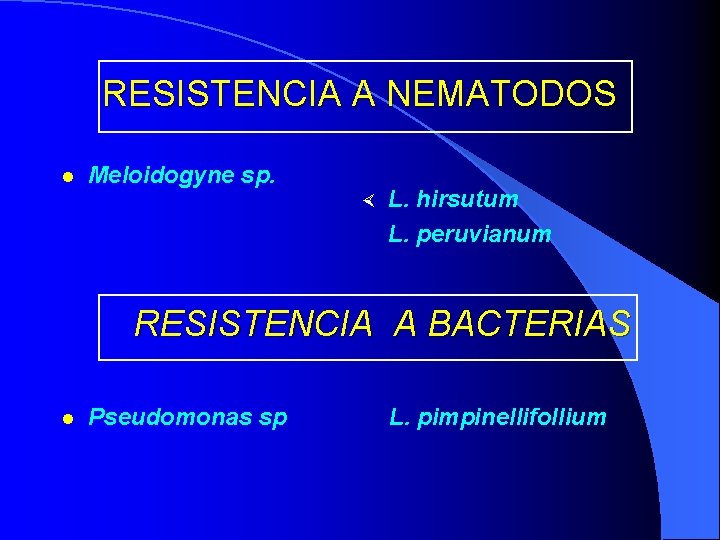RESISTENCIA A NEMATODOS l Meloidogyne sp. × L. hirsutum L. peruvianum RESISTENCIA A BACTERIAS