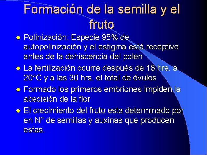 Formación de la semilla y el fruto l l Polinización: Especie 95% de autopolinización